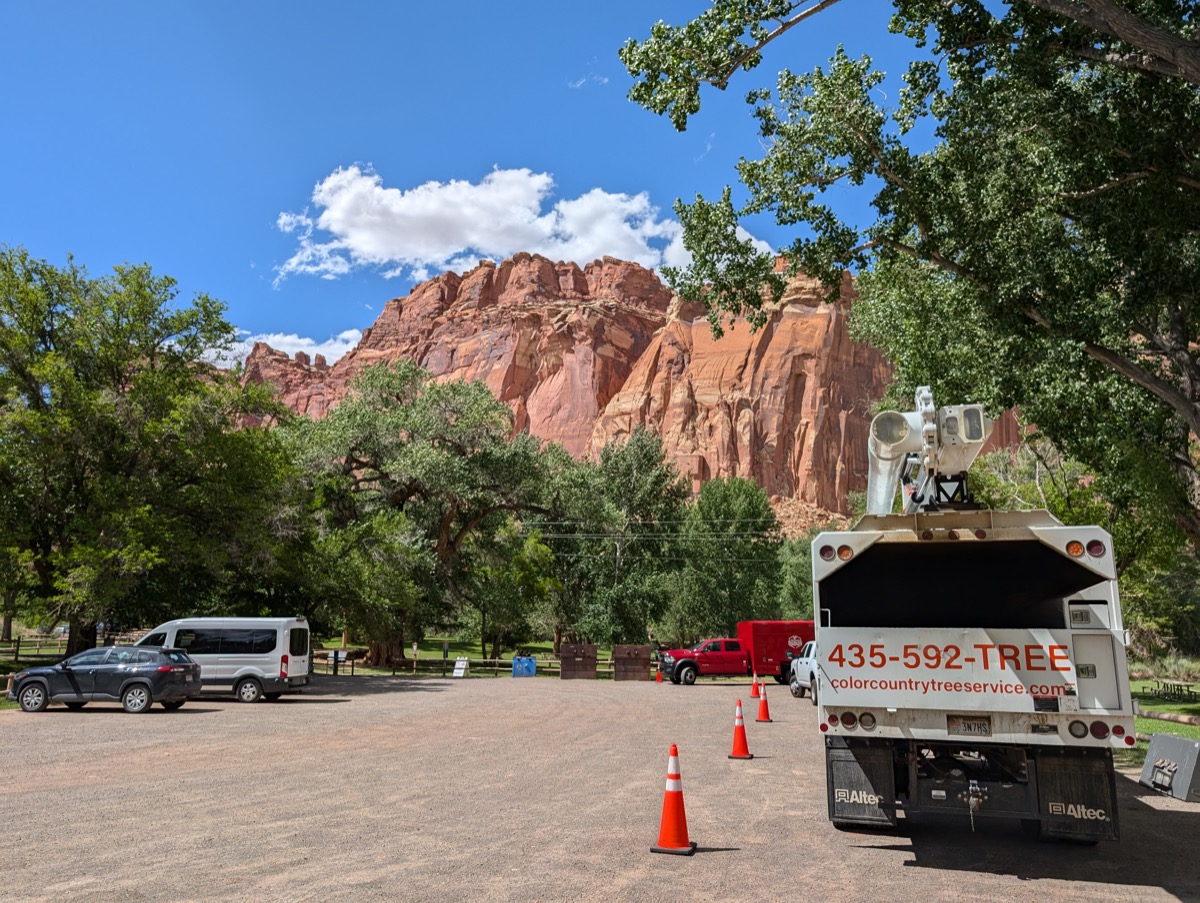 Bucket truck on location with red rock scenery