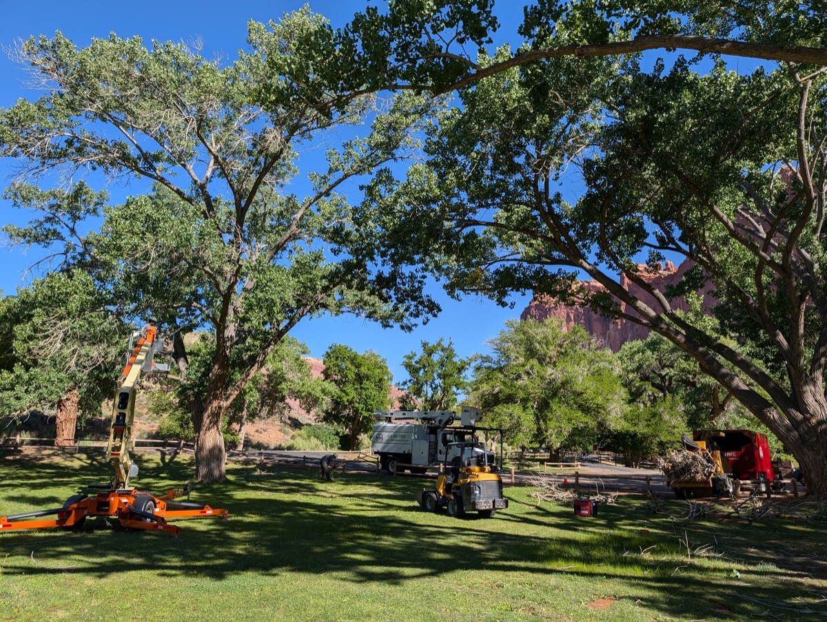 Full crew setup with equipment under red rock cliffs